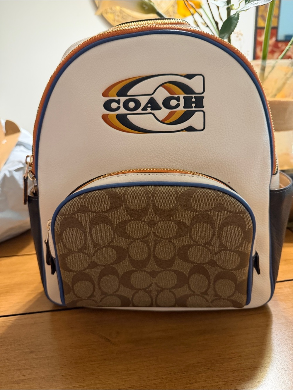 Coach White  Backpack with Tan Signature Front and Navy Trim